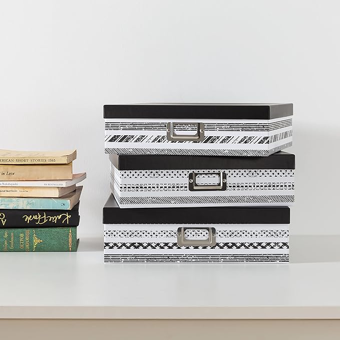 SLPR Nesting Decorative Storage Boxes With Lids for Home Decor - Set of 3: Black and White Photo Storage, Cardboard Document Boxes for Scrapbook, Keepsake, Memories