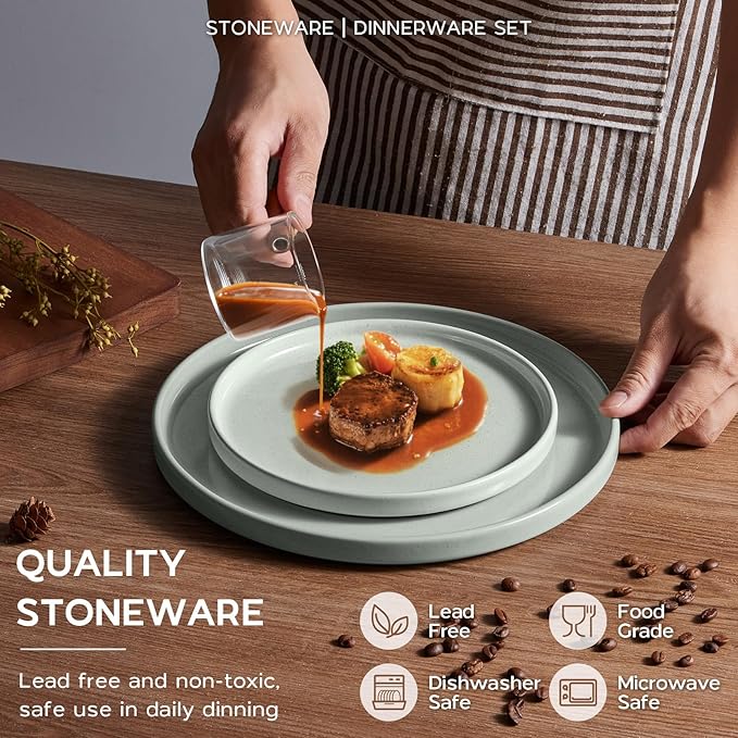 Onader Stoneware Dinnerware Sets, 8 Piece Plates and Bowls Dishes Sets for 2, Speckled Kitchen Dishware Dining Ware with Double Bowl – Pale Sage Green