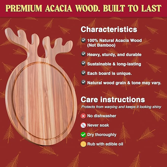 New – Reindeer Charcuterie Board – Acacia Wood Christmas Cutting Board (17x13in) Holiday Serving Tray, Winter Cheese Board, Wooden Christmas Platter & Kitchen Decor Gift for Festive Entertaining