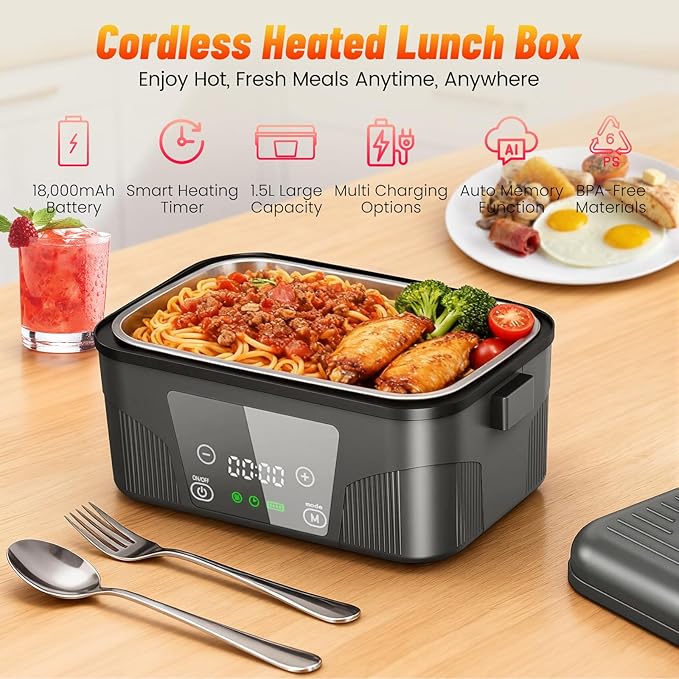 Cordless Electric Lunch Box for Adults, 18000mAh Rechargeable Heated Lunch Box Battery Powered with Scheduled Heating, 1.5L Portable Food Warmer, Bonus Ice Pack & Insulated Bag for Work, Office, Car