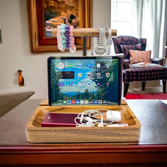 Dual Headphone Stand, Solid Acacia Wood Headset Holder for 2 Headphones, Cell Phone & Tablet, Desk Organizer Tray for iPhone, iPad, Bose, Sony, Beats, Sennheiser, Gaming & Office Desk Setup