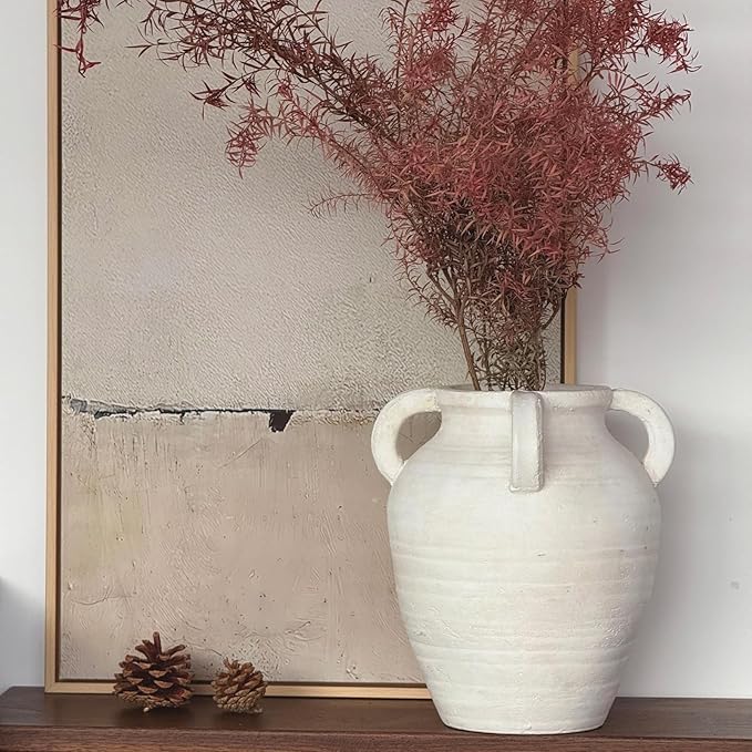 Rustic White Ceramic Vase, Wide Mouth Terracotta, Antique Decorative Flower Vase with 4 Handles, 9.7 in