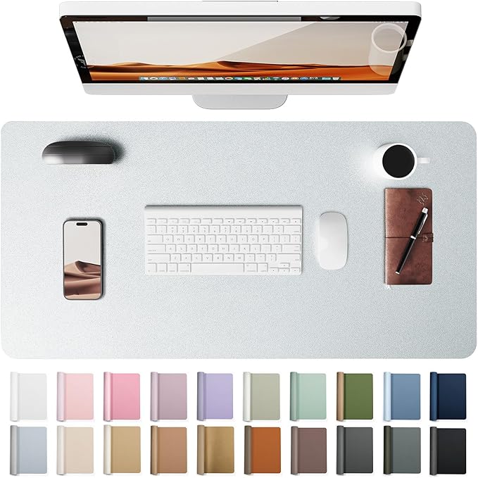 YSAGi Leather Desk Pad Protector, Office Desk Mat, Large Mouse Pad, Non-Slip PU Leather Desk Blotter, Laptop Desk Pad, Waterproof Desk Writing Pad for Office and Home (Silver, 23.6" x 13.8")