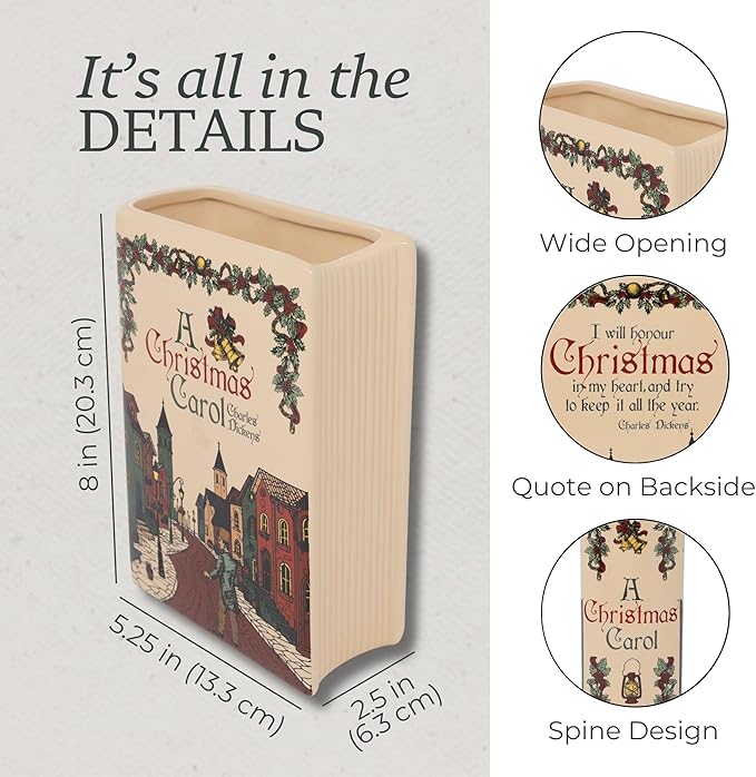 Steel Mill & Co Original Large Book-Shaped Decorative Vase, Ceramic Vases for Holiday Home Decor, Festive Bookshelf Decor, Unique Vase for Book Lovers (A Christmas Carol)
