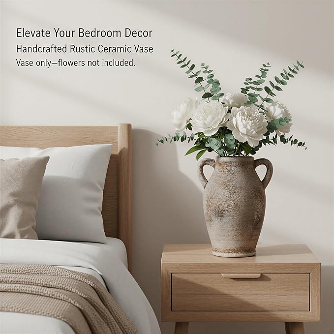 8.1-Inch Terracotta Ceramic Flower Vase with Handles, Rustic Farmhouse Boho Pottery Centerpiece for Table, Living Room & Shelf