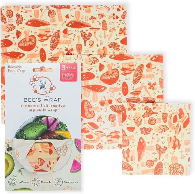 Bee's Wrap Beeswax Wraps for Food - Made in USA Reusable & Organic Food Wraps, Sandwich Wrap & Bowl Covers - Eco-Friendly Alternative to Aluminum Foil & Plastic Wrap, Mushroom Magic 3 Pack (S, M, L)