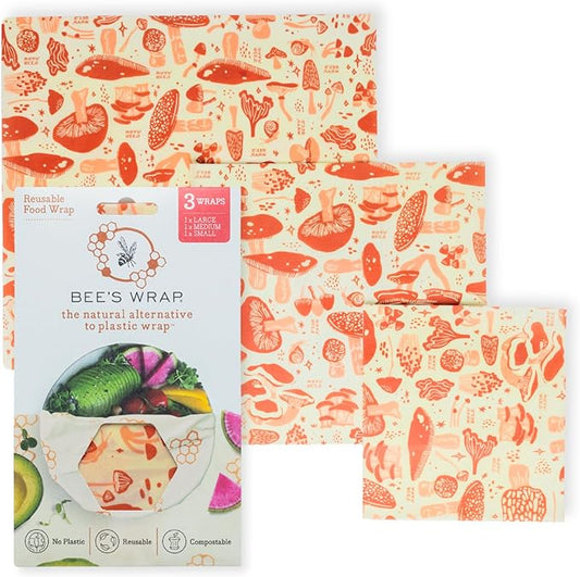 Bee's Wrap Beeswax Wraps for Food - Made in USA Reusable & Organic Food Wraps, Sandwich Wrap & Bowl Covers - Eco-Friendly Alternative to Aluminum Foil & Plastic Wrap, Mushroom Magic 3 Pack (S, M, L)