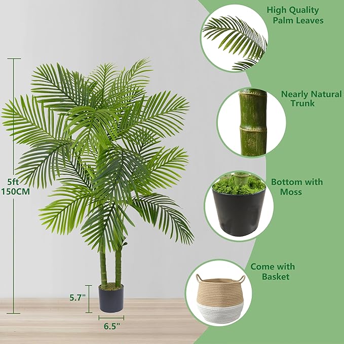 Artificial Palm Tree, 5ft Golden Cane Faux Palm Plant with Basket, Large Phoenix Palm UV Resistant Fake Plants for Indoor Outdoor Home Garden Patio Office Décor