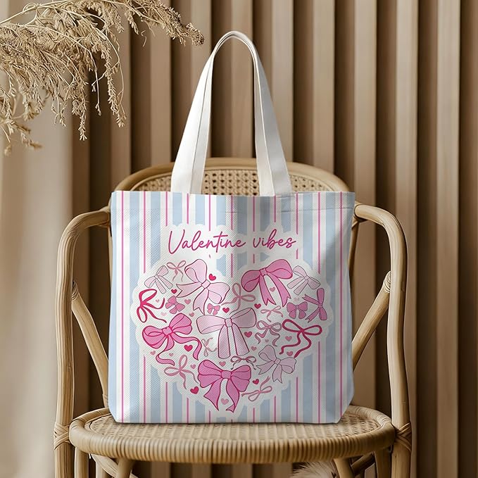 Animals-Flowers-Fruits-Bow Valentines Canvas Heart Tote Bag, Coquette Reusable Shopping Grocery Bags
