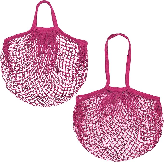 2-Pack Cotton Mesh Bag, Reusable Washable Mesh Net String Grocery Bags, Reusable Produce Bags with Handle, Net Tote Bag for Fruits/Vegetables Shopping [Rose Red, Long&Short Handle]