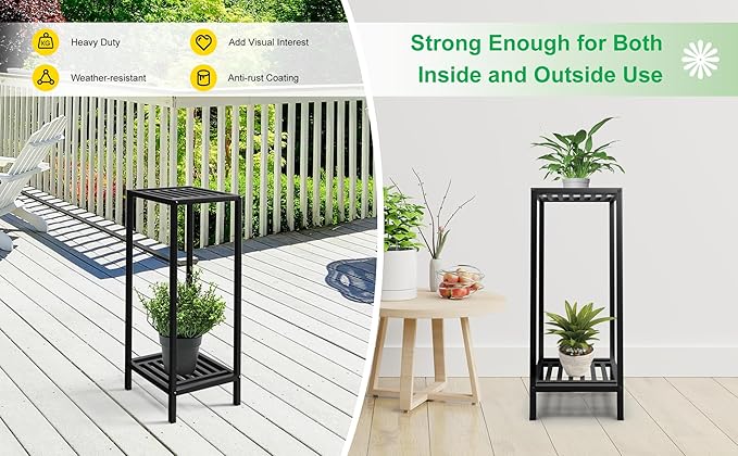 Zhongma 2 Tier 30" Tall Indoor Outdoor Plant Stand, 12 L x 12 W x 30 H inch, Heavy Duty Square Metal Flower Stand for Patio, Home, Garden, 220 LBS Capacity & Heavy Duty Construction