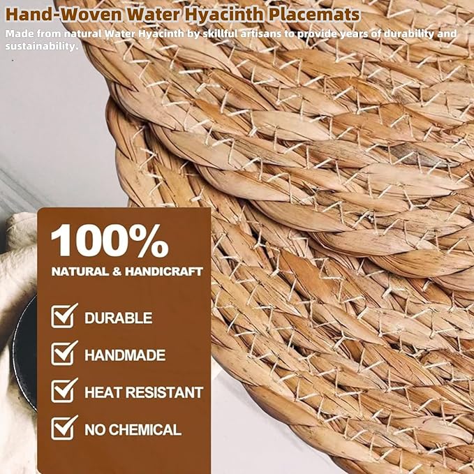 Woven Placemats Set of 6, 13.5" Round Rattan Placemats, Natural Water Hyacinth Place mats, Farmhouse Weave Place Mats, Rustic Braided Wicker Table Mats for Dining Table, Home, Outdoor