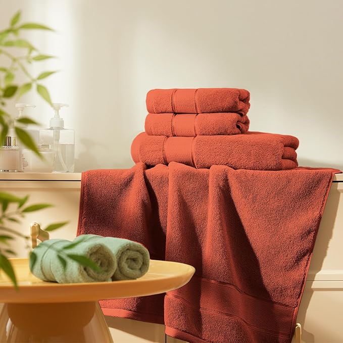 Marvione Bath Towels Set 6 Piece, 100% Turkish Cotton Highly Absorbent and Soft Towels for Bathroom 2 Bath Towels 2 Hand Towels 2 Washcloths, Burnt Orange