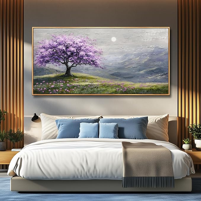 FUHAIHUA Large Wood Framed Wall Decor For Living Room Canvas Wall Art For Office Modern Wall Decorations For Bedroom Purple Tree Painting Farmhouse Pictures Artwork Room Home Decor 24x48 In