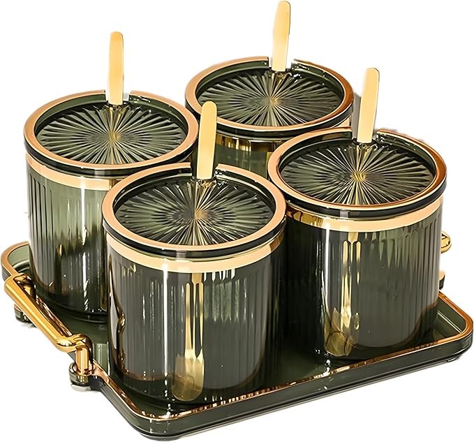 Acrylic Condiment Spice Jars,Condiment Spice Box With Lids and Spoons and Tray,Clear Plastic Condiment Canisters,Seasoning Box 4 Pack,Seasoning Box Set for Kitchen to Storage Salt,Paprika,Sugar