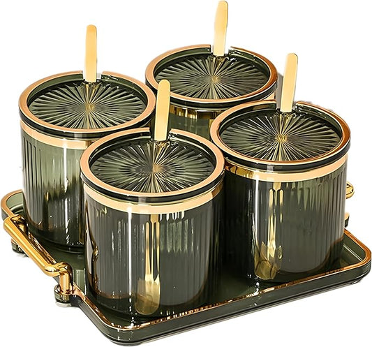 Acrylic Condiment Spice Jars,Condiment Spice Box With Lids and Spoons and Tray,Clear Plastic Condiment Canisters,Seasoning Box 4 Pack,Seasoning Box Set for Kitchen to Storage Salt,Paprika,Sugar