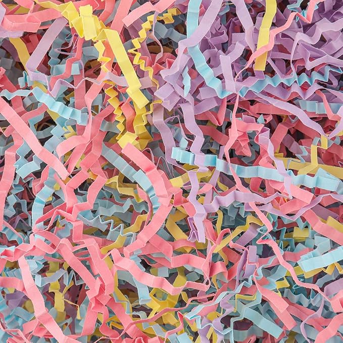 8.5oz Crinkle Paper Filler, Gift Baskets Gift Boxes Crafts Shredded Cut Paper Packaging Decorative Stuffing & Cushioning Confetti for Easter Birthday Wedding Party Favor Blue&Pink&Yellow&Purple