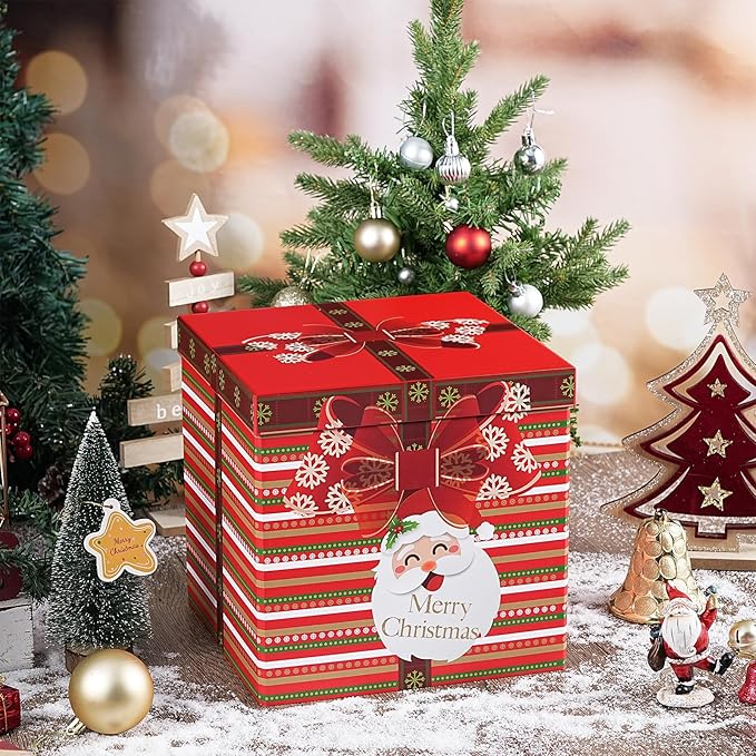 RUSPEPA Christmas Gift Box with Lid, Santa Claus and Red Bow Design, Medium Collapsible Gift Box with Ribbon and Tissue Paper for Holiday Party, Gift Wrapping, Candy Storage, 9x9x9 Inches, 1 Pcs