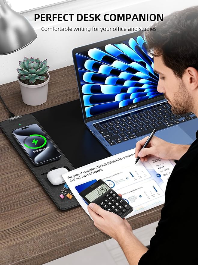 TopMade Mouse Pad with 15W Wireless Charging & Removable 8-Digit Solar Calculator, Exact Large Desk Pad, Waterproof Mousepad Home Office Desk Mat (Includes 20W PD Power Adapter & 6.56ft Woven Cable)