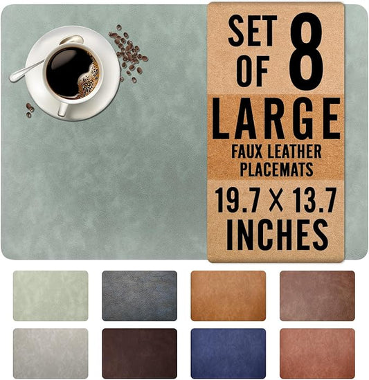 UnivoColors Washed Cowhide Pattern Faux Leather Big Size Placemats Set of 8, Waterproof Easy to Clean Anti-Slip PU Table Mats for Party Decoration19.7″×13.6″,Light Green Retro Cowhide Pattern
