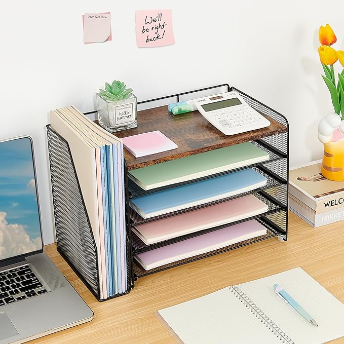 OPNICE 5-Tier Paper Organizer with Magazine Holder, Desk Organizers and Accessories, Office Desk Accessories & Workspace Organizers, Desktop File Organizer for Office Supplies Storage, Brown