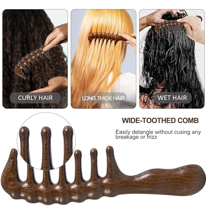 Wooden Wide Tooth Massage Comb, Large Thicken Natural Sandalwood Hair Combs for Curls, Women and Men, Detangles Long Thick Wet or Dry Hair, Head Scalp Massager, Anti-static (Golden)