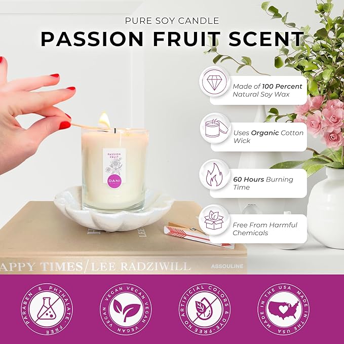 DANI Naturals Soy Candle - Passion Fruit Scent, 100% Pure Soy Wax, Kosher, Non-Toxic, Long-Lasting Burn - 7.5 oz