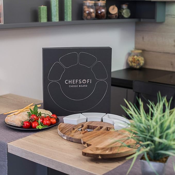 ChefSofi Charcuterie Board Set and Cheese Serving Platter - Made from Acacia Wood - US Patented 13 inch Cheese Board and Knife Set for Entertaining and Serving - 4 Knives and 4 Bowls