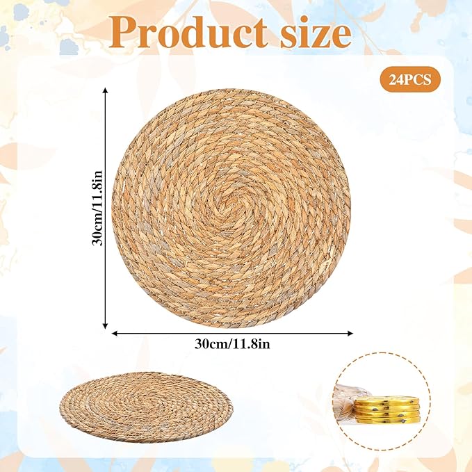 Set of 24 Round Woven Rattan Placemats, 12" Boho Farmhouse Table Mats Natural Cattail Charger Plates for Dining Table Decor Heat-Resistant Braided Place Mats