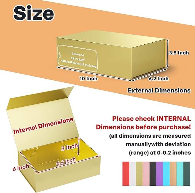 Gold Gift Box, 9.5x6x3'' Gift boxes for Presents with Lids Magnetic Closure Rectangle Collapsible for Bridesmaid Proposal Box, Wedding, Christmas, Halloween, Birthday Gift Packging