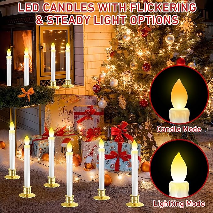 10 Pack Christmas Window Candles with Remote: Battery Operated LED Candles with Drip Texture with Timer - Flickering Flameless Candles with Candlesticks for Home Decor Christmas Halloween Wedding
