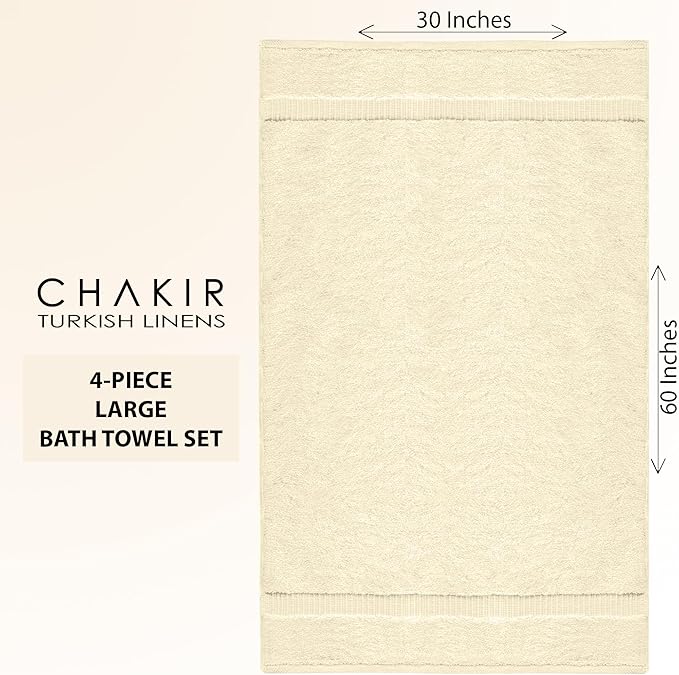 Chakir Turkish Linens 100% Cotton Premium Turkish Towels for Bathroom | 30'' x 60'' Large Bath Towels (4 Piece, Beige)
