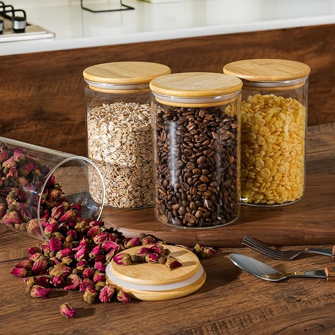 32oz Straight Cylindrical Airtight Storage Containers with Bamboo Lids Set of 6, Round Stackable Canisters, Food Jars, Pantry Organizers for Sugar, Cookies and Coffee beans (with Black Lable)