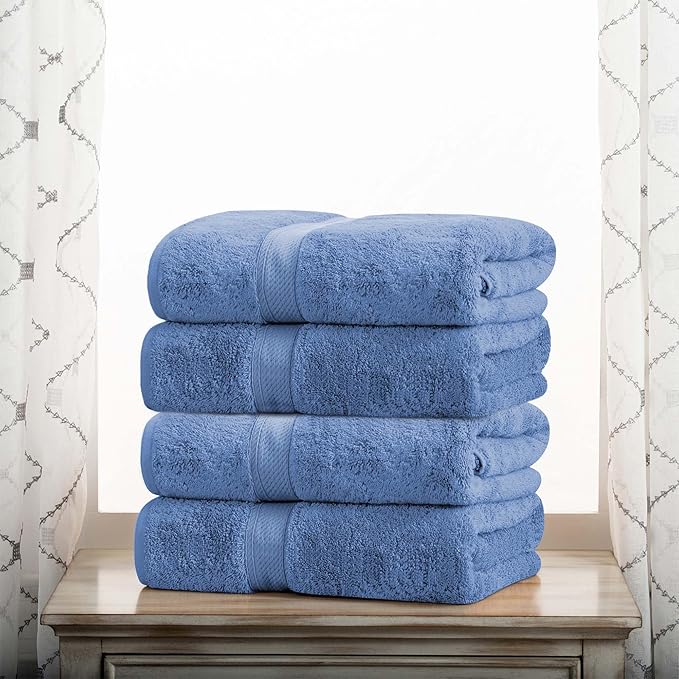 BNM Egyptian Cotton Heavyweight Towels, Ideal for Bathroom, Shower, Spa, 800 GSM Bath Towels, Highly-Absorbent, Luxury Bathroom Essentials, Soft Plush Home Basics, Bath Towel Set of 4, Denim Blue