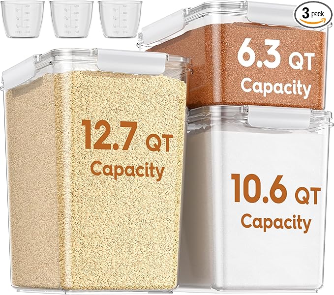 Flour Sugar Storage Containers Set of 3(12L/403oz)(10L/336oz) (6L/201oz),Clear Extra Large Food Storage Containers with Lids for Cereal,Flour,Sugar,Rice,BPA Free & Airtight Kitchen Pantry Organization