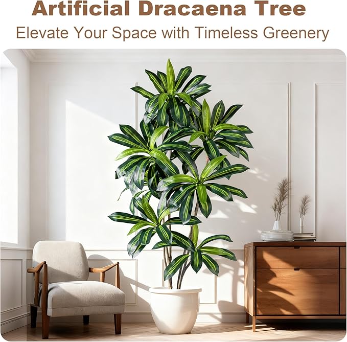 Artificial Dracaena Plant 6FT - Realistic Fake Dracaena Tree Tall Large Faux Silk Plants Fake Floor Potted Artificial Plants for Home Decor, Office Plants