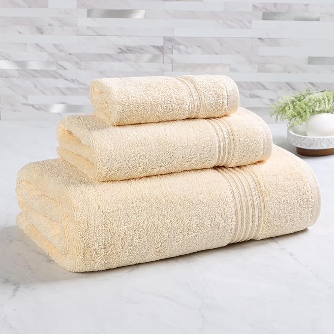 Superior Egyptian Cotton 3-Piece Towel Set, Basic Towels For Bathroom, Home Decor, Guest Bath, Shower, Apartment, Included 1 Face, 1 Hand, 1 Bath Towel, Washcloth, Quick Dry, Canary