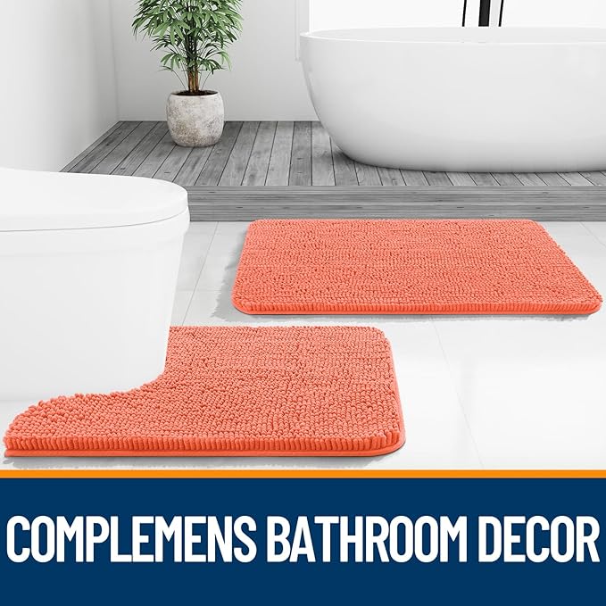 OLANLY Toilet Rugs U-Shaped 24x20, Extra Soft Absorbent Chenille Contour Bathroom Rugs for Toilet, Dry Quickly, Machine Washable, Non-Slip Bath Mat, Coral