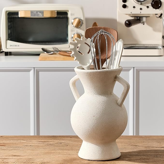 LUKA Antique Ceramic Vase with 2 Handle,9.25 inches Rustic Vase Minimalist Decor, Decorative Vases for Home Decor, Table, Living Room, Shelf, Christmas Decoration(Large,White)