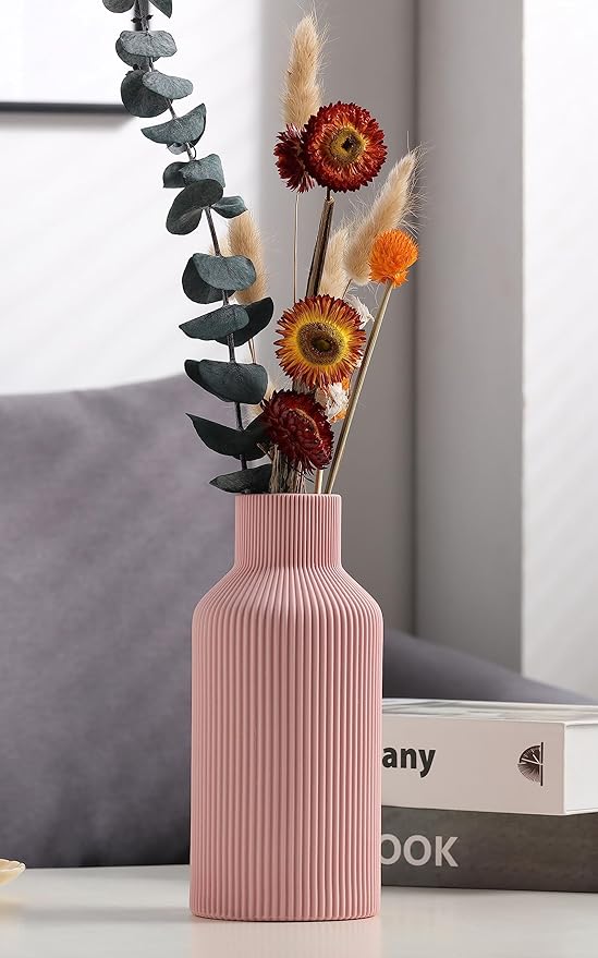 Pink Ceramic Vase for Decor,Minimalist Modern Home,Small Flower Vase for Pampas Grass,Table,Shelf Bookshelf Decor,Mantel and Entryway Decorative(8 in)