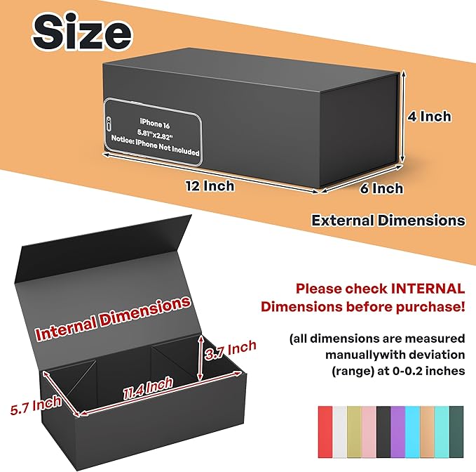 Black Gift Box, 12x6x4'' Gift boxes for Presents with Lids Magnetic Closure Rectangle Collapsible for Groomsman Proposal Box, Wedding, Christmas, Halloween, Birthday Gift Packging