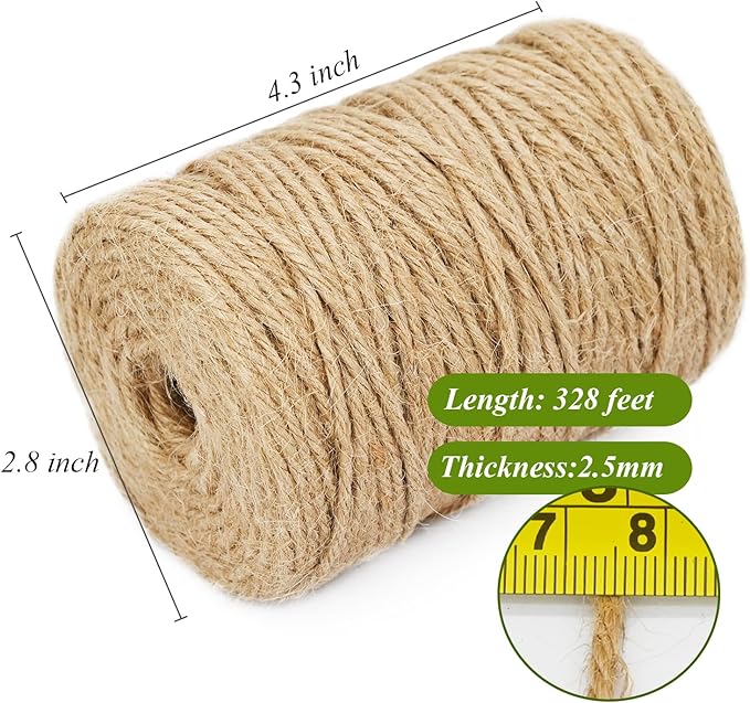 Jute Twine 328 Feet 2.5mm 4Ply Heavy Duty Brown Jute Rope String for Home Gardening Plant Picture Hanger Industrial Packing Mason Jars Wedding Decorations Crafts