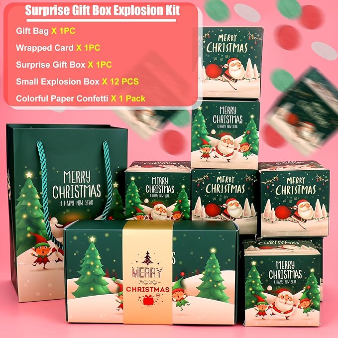 BABORUI Christmas Surprise Gift Box with Confetti, Seeroze Money Box for Cash Gift (Green Snowman)