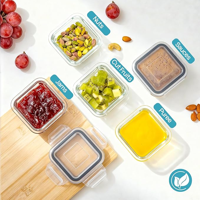 Vtopmart 5Pack 5oz Small Glass Storage Containers with Lids, Glass Meal Prep Food and Sauce Container Sets with Snap Airtight Lids for Microwave, Oven, Freezer and Dishwasher, Grey