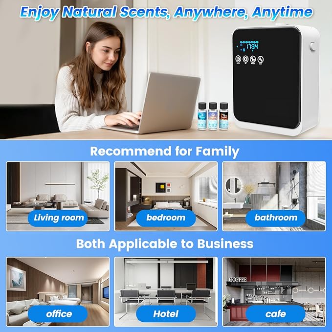 Waterless Essential Oil Diffuser,250ml Aromatherapy Scent Air Diffuser with Smart APP & Touch Screen|Whole House Large Room Oil Diffuser for Home,Office & Hotel Collection,Covers 1500 sq.ft–Black