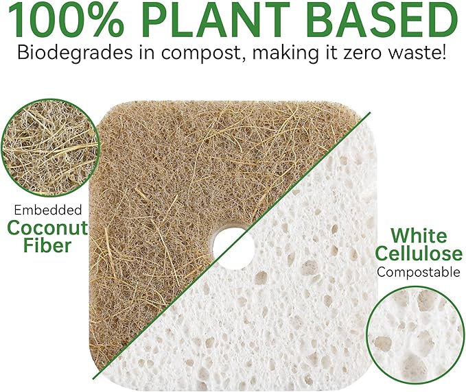 16 Pack Biodegradable Natural Kitchen Sponges, Compostable Cellulose & Coconut Square Scrubber, Dual Sided Dish Sponge for Washing Dishes, Eco Friendly