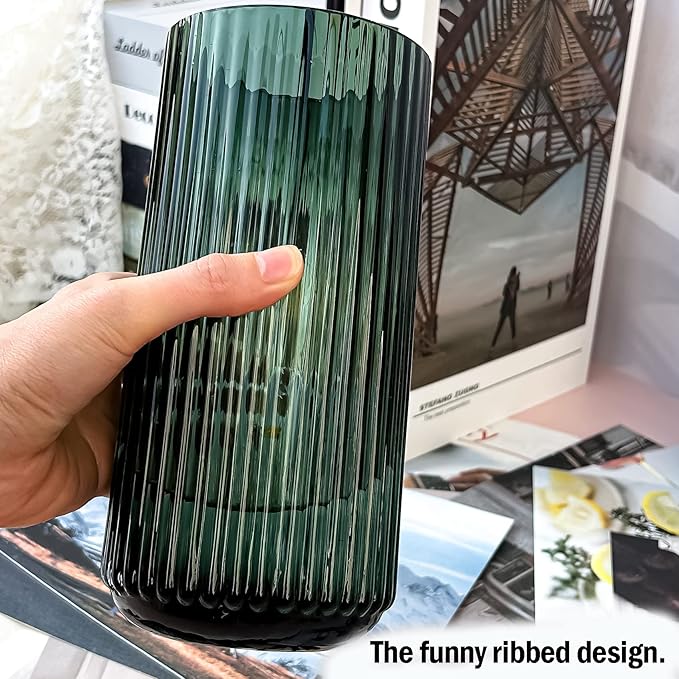 Muyan 7.5" Flower Vase for Decor Ribbed Glass Vase Modern for Centerpieces Desktop Home Office Dining Living Room Wedding (Green)