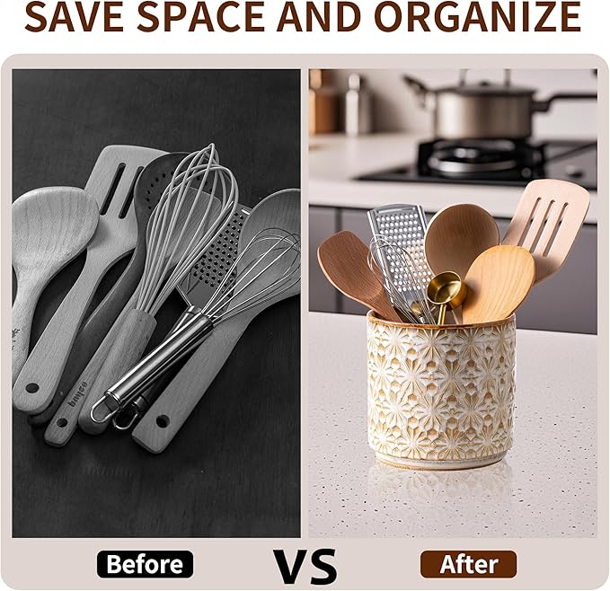 Utensil Holder Rustic Farmhouse Ceramic Utensil Crock for Countertop - 5.3" Handcrafted Kitchen Cooking Utensil Crocks with Cork Base, Natural Finish for Kitchen Tools Storage