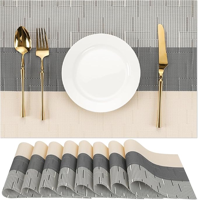 Placemats Set of 8, Vinyl Woven Place Mats Indoor Set of 8 Washable Wipeable PVC Table Mats Heat-Resistant Non Slip Placemat for Kitchen Dining Outdoor Table (Beige Dark Gray, Set of 8)