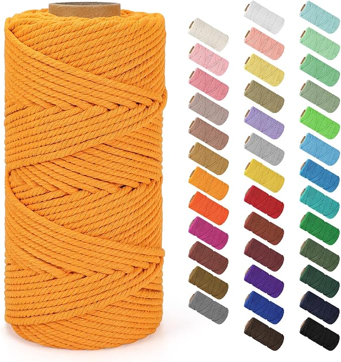 Natural Cotton Macrame Rope - 4mm x 109Yards (328Feet), Golden Yellow - 4 Strand Twisted Macrame Cord for Wall Hanging, Plant Hangers, Crafts, Gift Wrapping and Wedding Decorations
